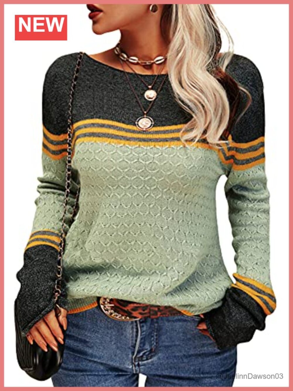Grlasen Women's Colorblock Pullover Knit Sweater Round Neck Slim Fit